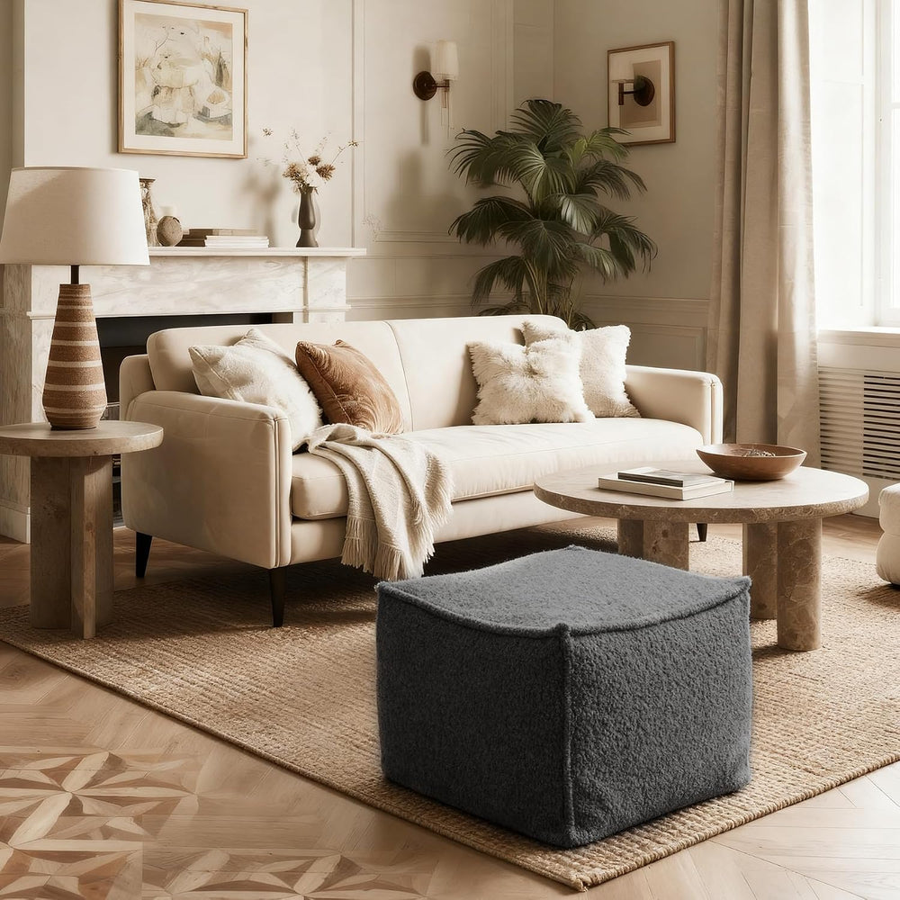 Square Boucle Pouf Ottoman Footrest, Soft & Lightweight Footstool with Fo...