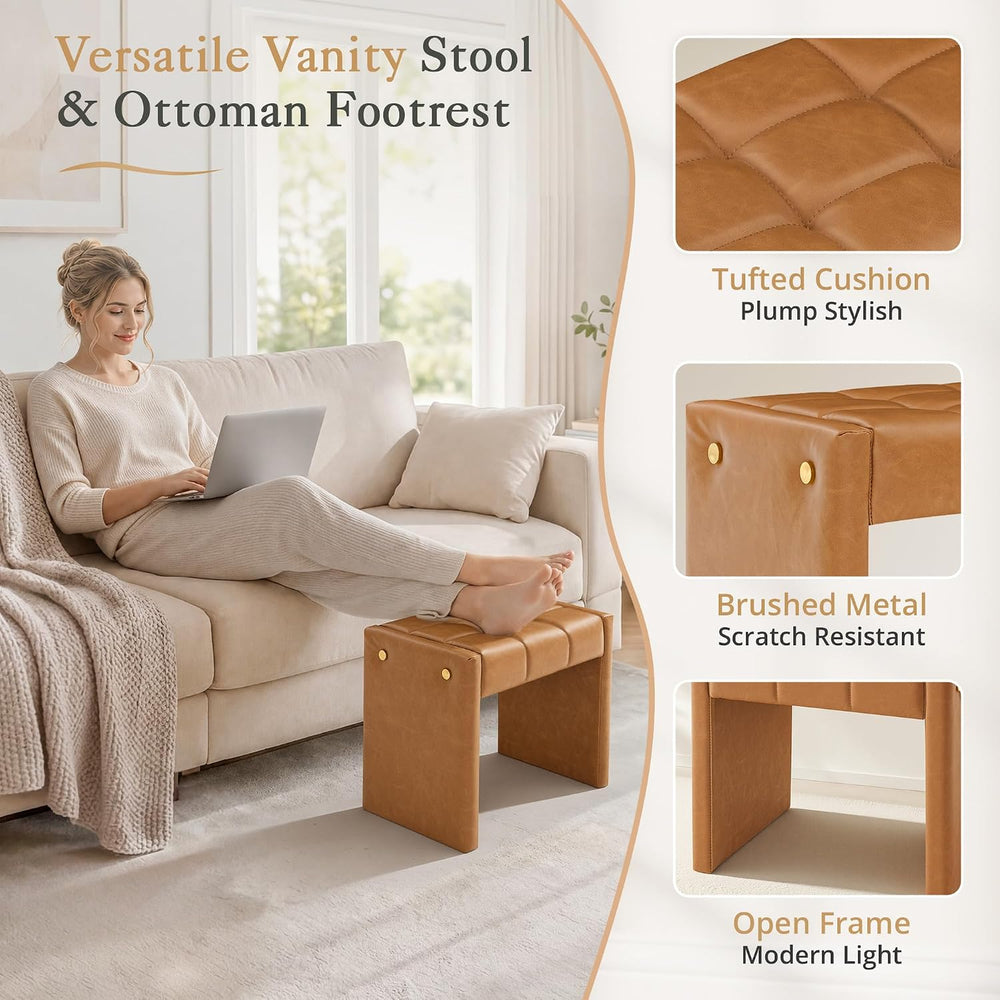 LUE BONA Modern Grid Tufted Vanity Bench Stool, 4.33'' Thick Chenille...