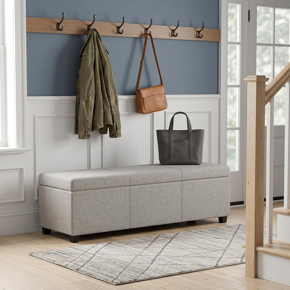 SIMPLIHOME Avalon 54" Wide Linen Look Fabric Storage Ottoman in Cloud Gr...