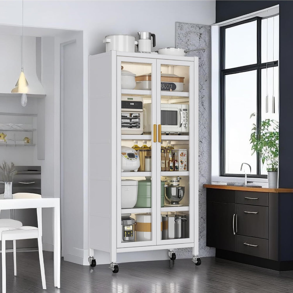 White Metal 5-Tier Kitchen Pantry Cabinet with Acrylic Glass Doors & Whee...