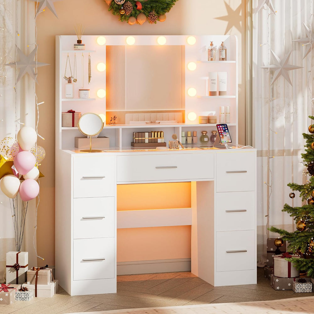ERLEJIA Vanity Desk with Mirror and Lights, 41.34" 7-Drawer Makeup Table...