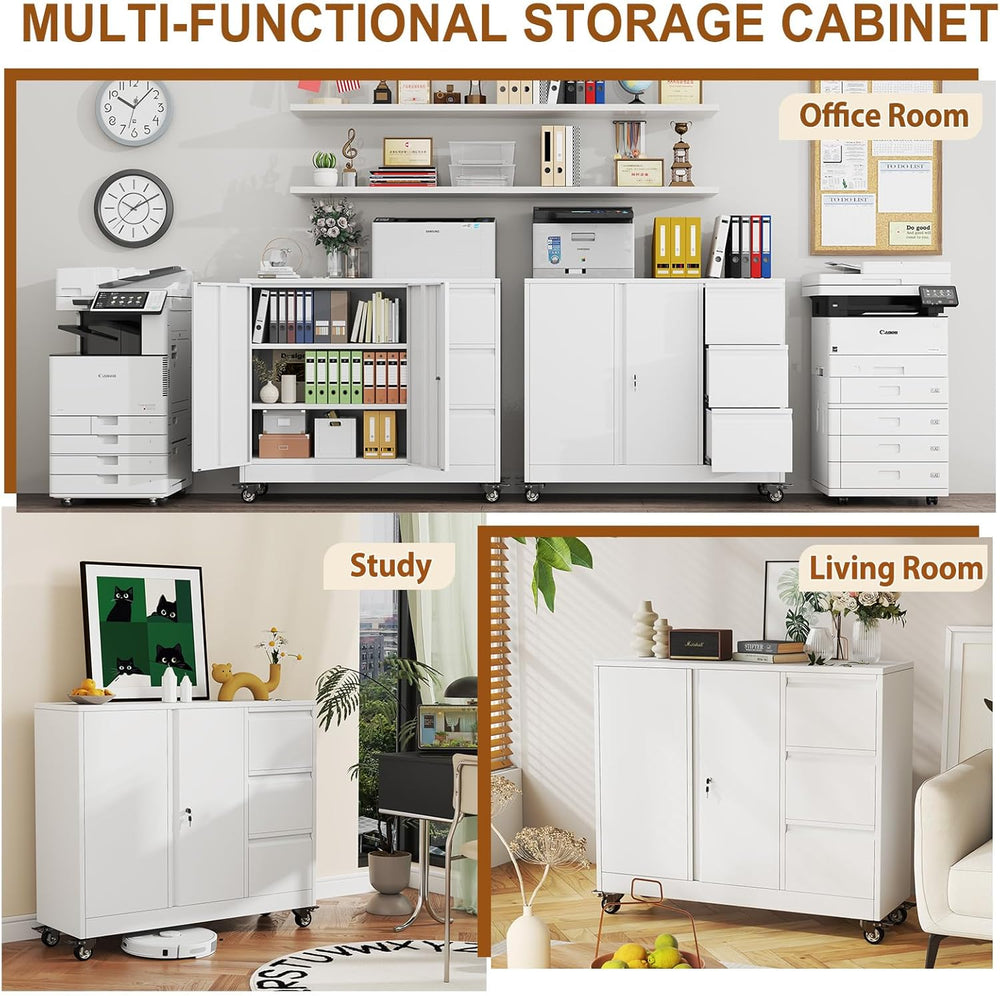 47" Rolling File Storage Locker Cabinet with 3-Drawer๏ผOffice Storage Cab...