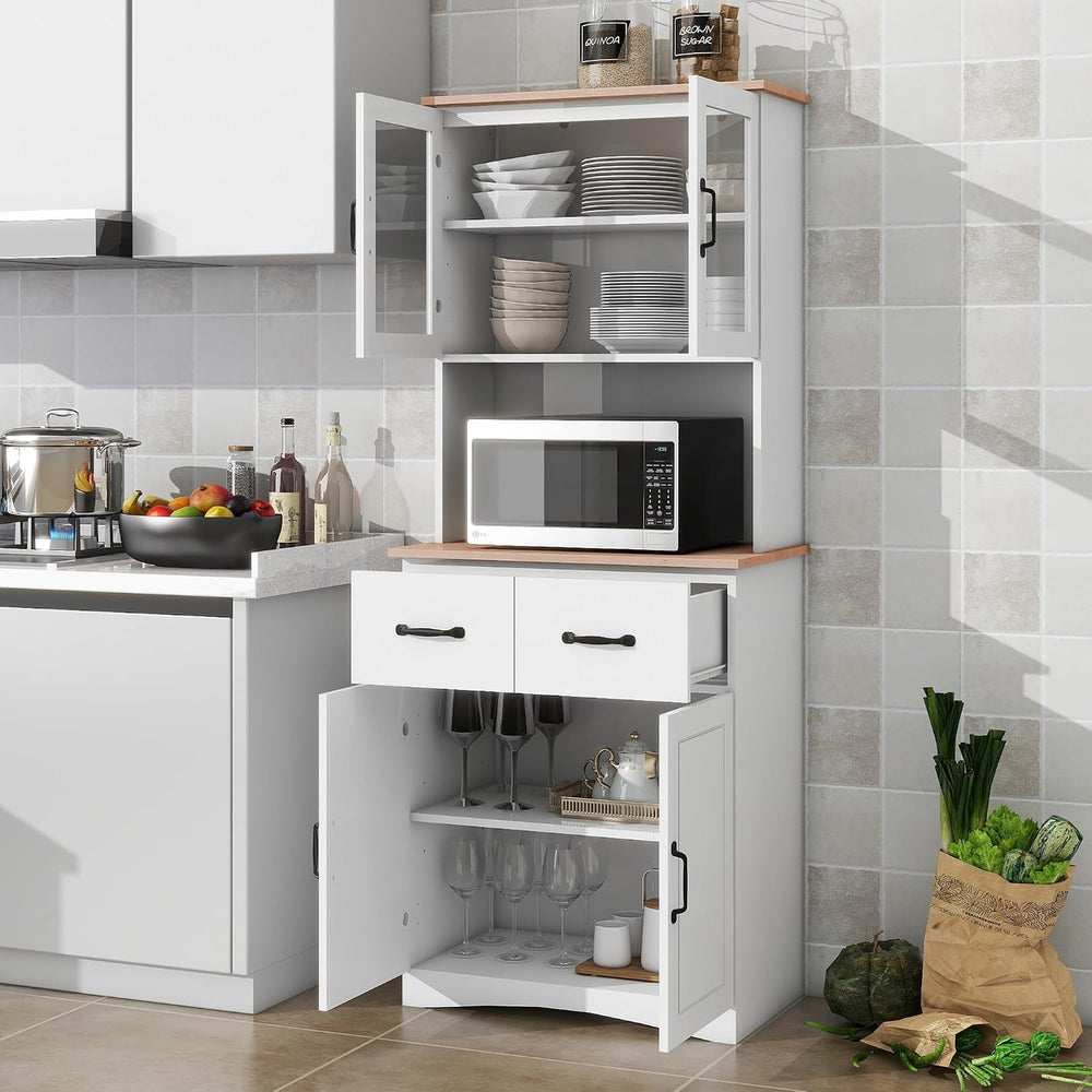 Kitchen Pantry Storage Cabinet with Framed Glass Doors and Drawer, Microwave ...