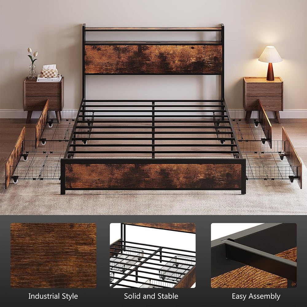 VINGLI Queen Bed Frame with 4 Storage Drawers and Headboard, Metal Platform P...