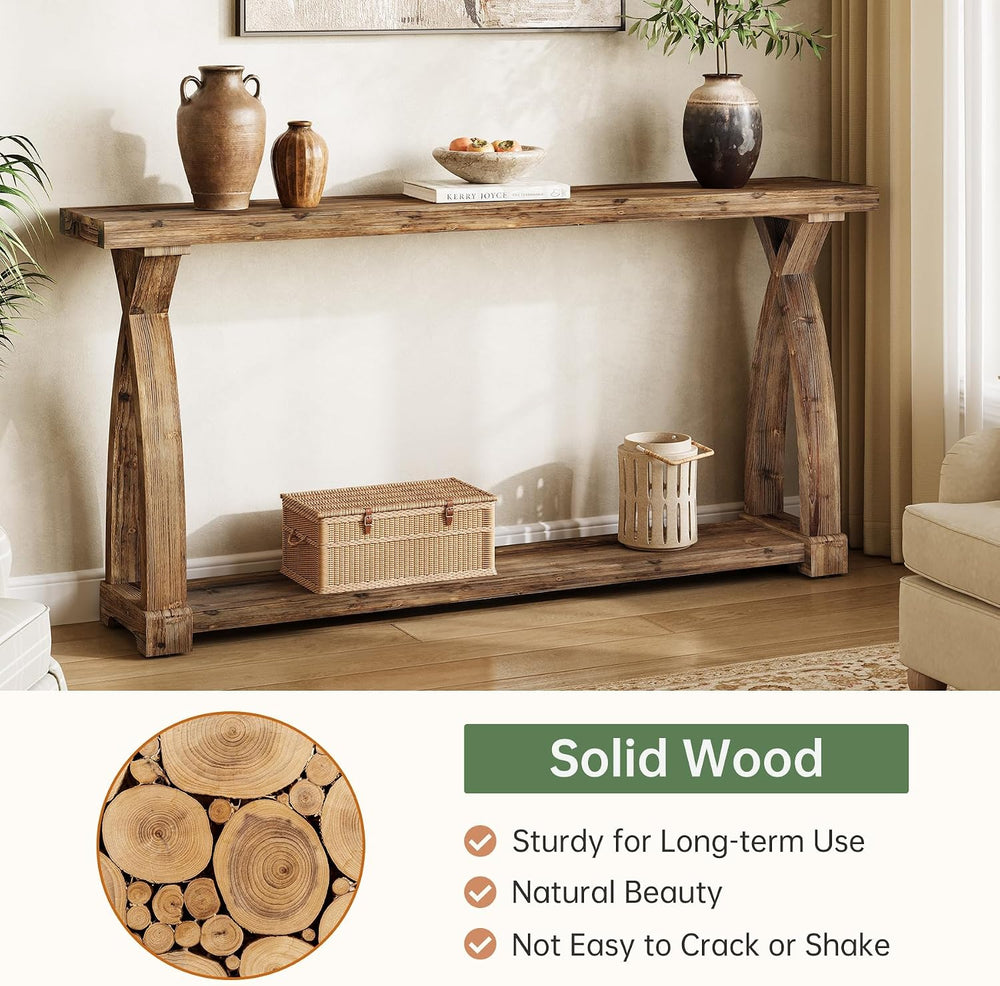 Solid Wood Console Table for Entryway, 63-Inch Narrow Farmhouse Couch Table B...