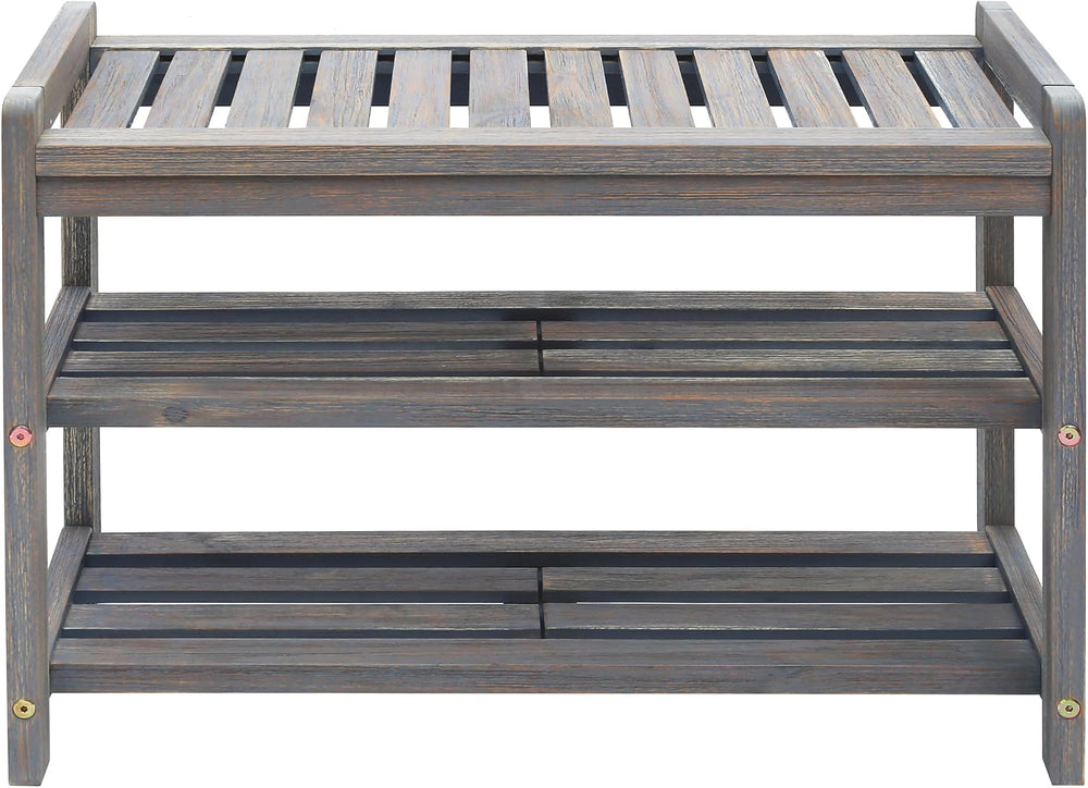 27-Inch Wooden Shoe Bench for Entryway, 3-Tier Storage Organizer, Rustic Shoe...