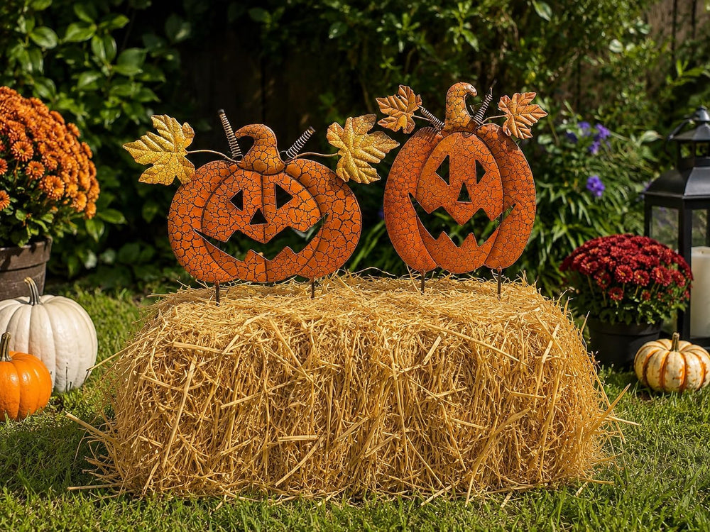STC World S/2 Halloween Pumpkins Garden Stakes Jack O Lantern Designed Outdoo...