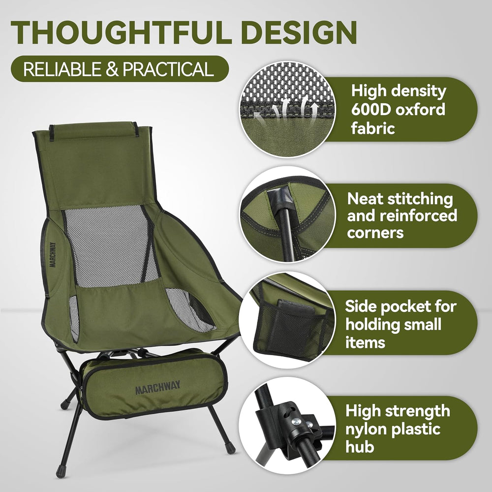MARCHWAY Lightweight Folding High Back Camping Chair with Head Support, Stabl...