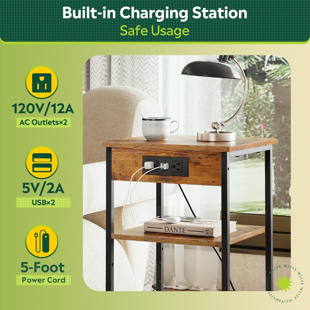 WLIVE End Table with Charging Station, Small Night Stand with Storage Adjusta...