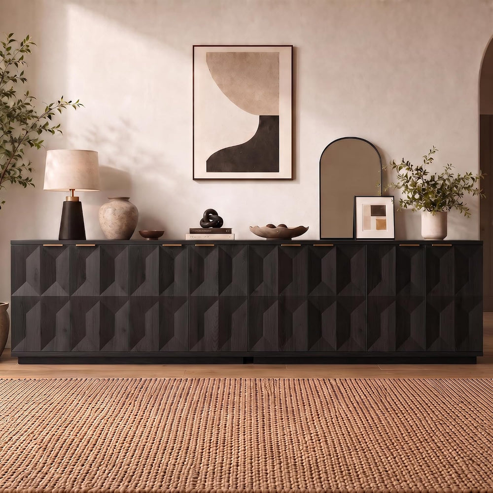 Brafab 118" Sideboard Buffet Cabinet with 3D Geometric Doors, Long Credenza