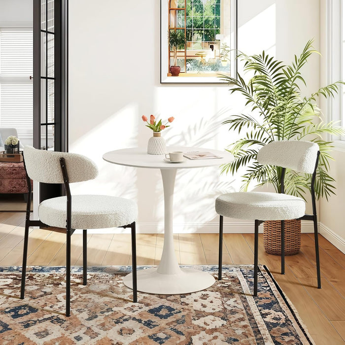 Dining Table and Dining Chair Set 23.6" White Round Table&2 Boucle Upholstered Black Legs Chairs for Kitchen Dining Room Small Space 3 Piece Dining Table and Chair Set(Beige)
