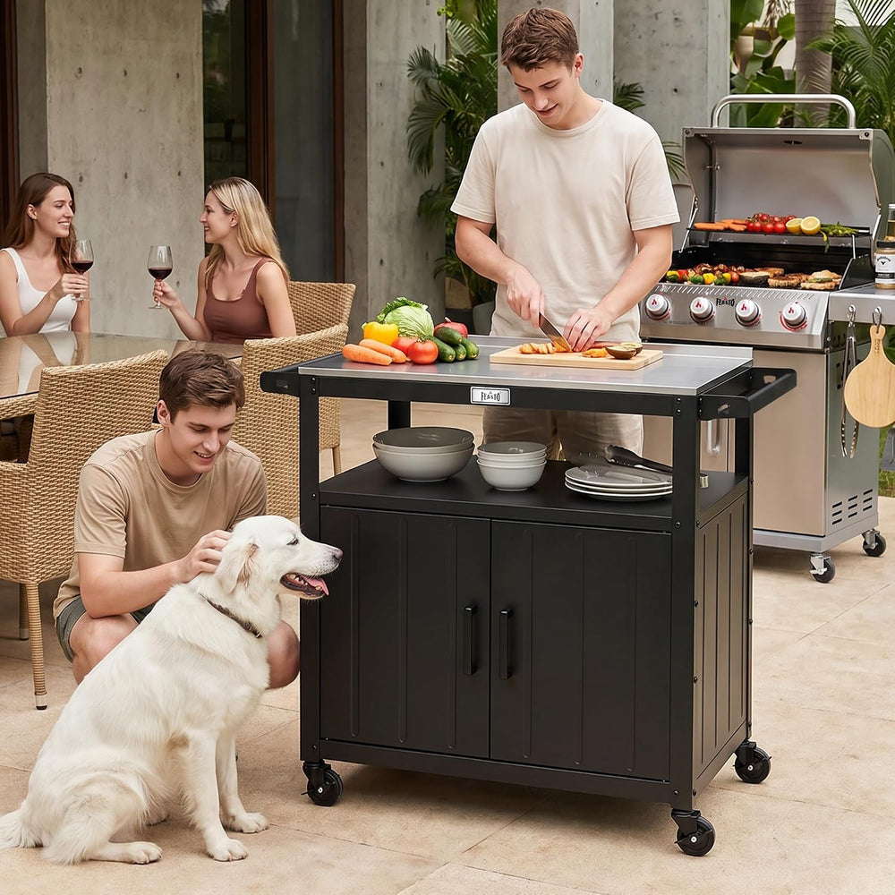 Feasto Outdoor Grill Cart w/Storage Cabinet, Stainless Steel Top, Black