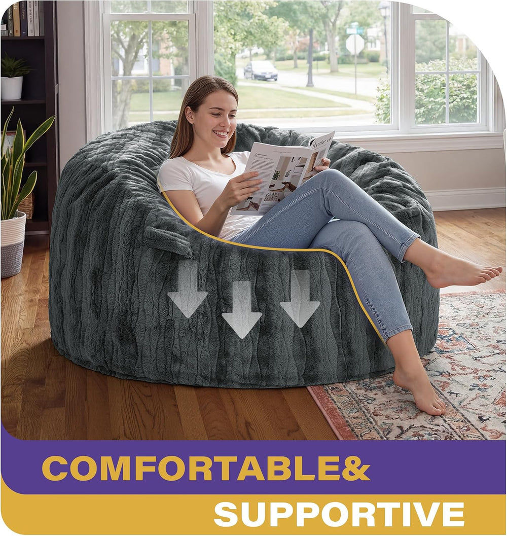 fond + found Adult Bean Bag Chairs 4FT Large Lounger, Wave Cover, Grey | Port...