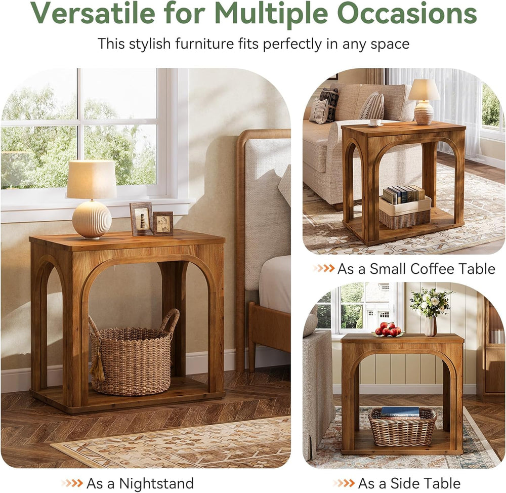 Tribesigns Arched Side Table, 2-Tier Farmhouse Solid Wood End Table with Bott...