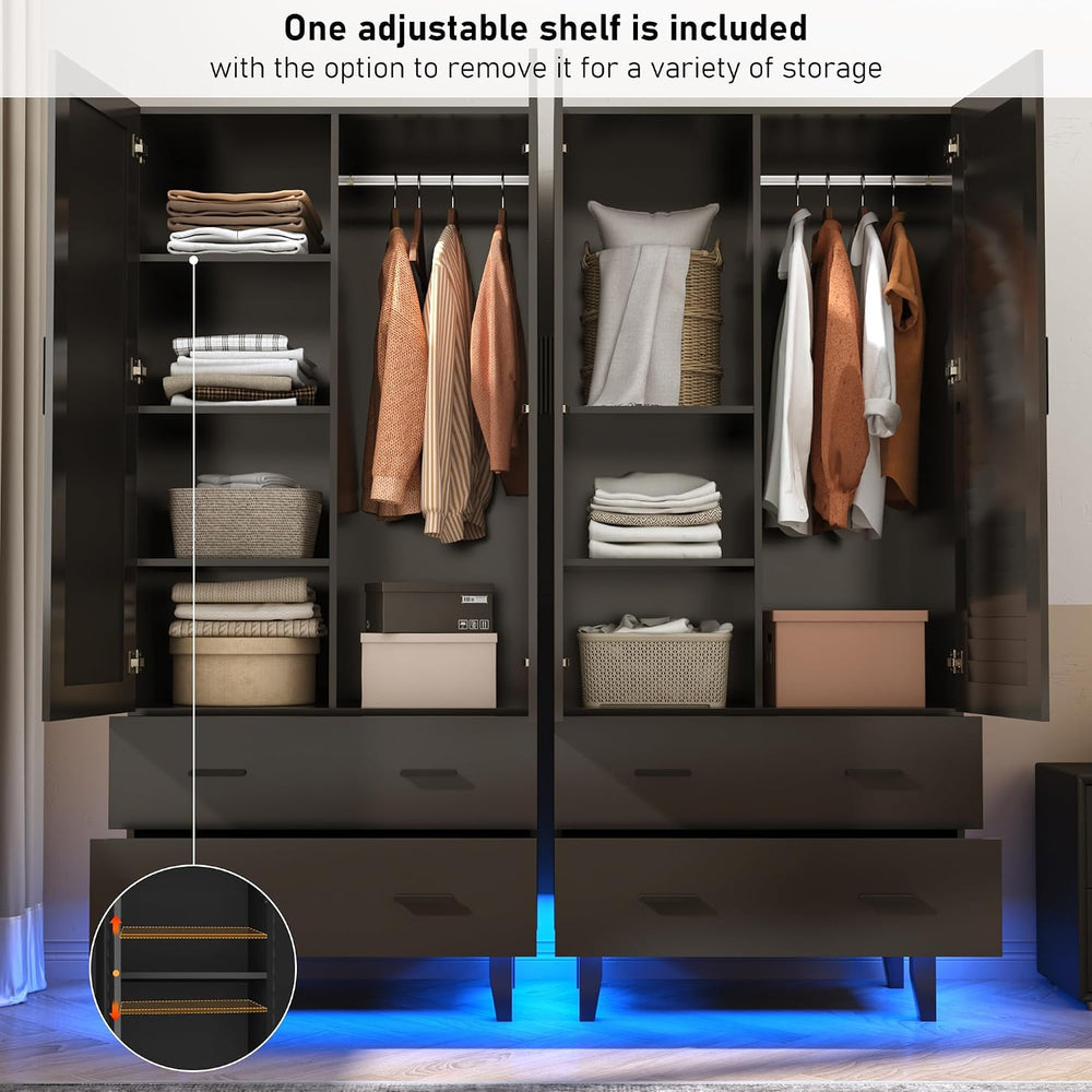 Hlivelood 2 Door Armoire Wardrobe Closet Cabinet with Mirror, Drawers and LED...