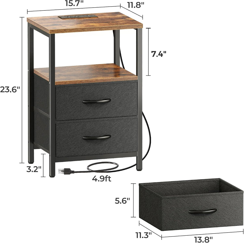 Huuger Nightstand with Charging Station, Side Table with Fabric Drawers, End ...