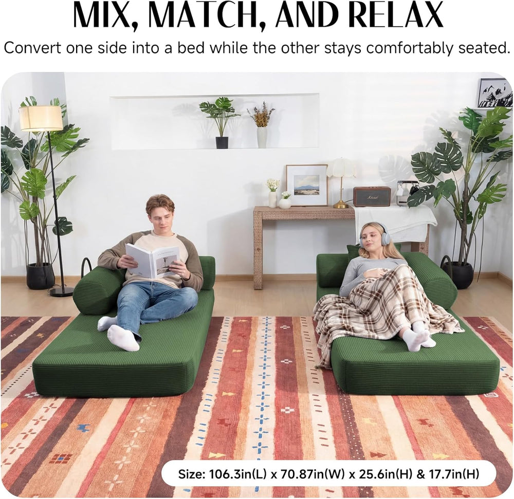 79" Corduroy Sofa Bed, Couch in a Box with 2 Pillows, High-Density Foam ...
