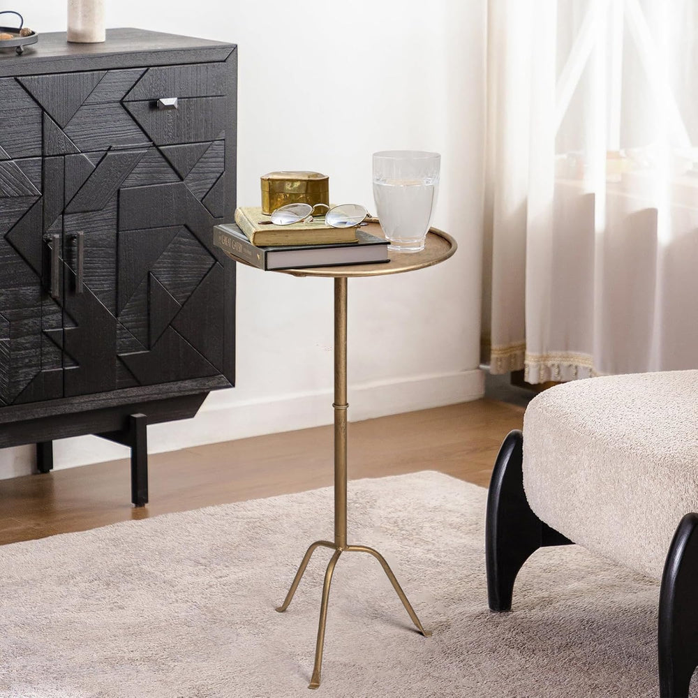 Metal Martini Side Table, Antique Brass – Compact Art Deco Design, Raised Edg...