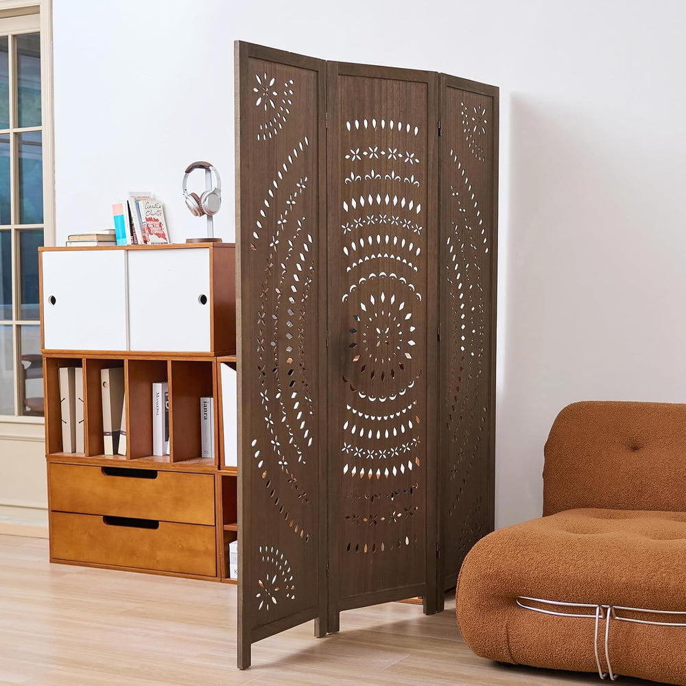 66.9Inch Folding Room Divider, 3 Panels Wood Carved Privacy Screens, Free Ass...
