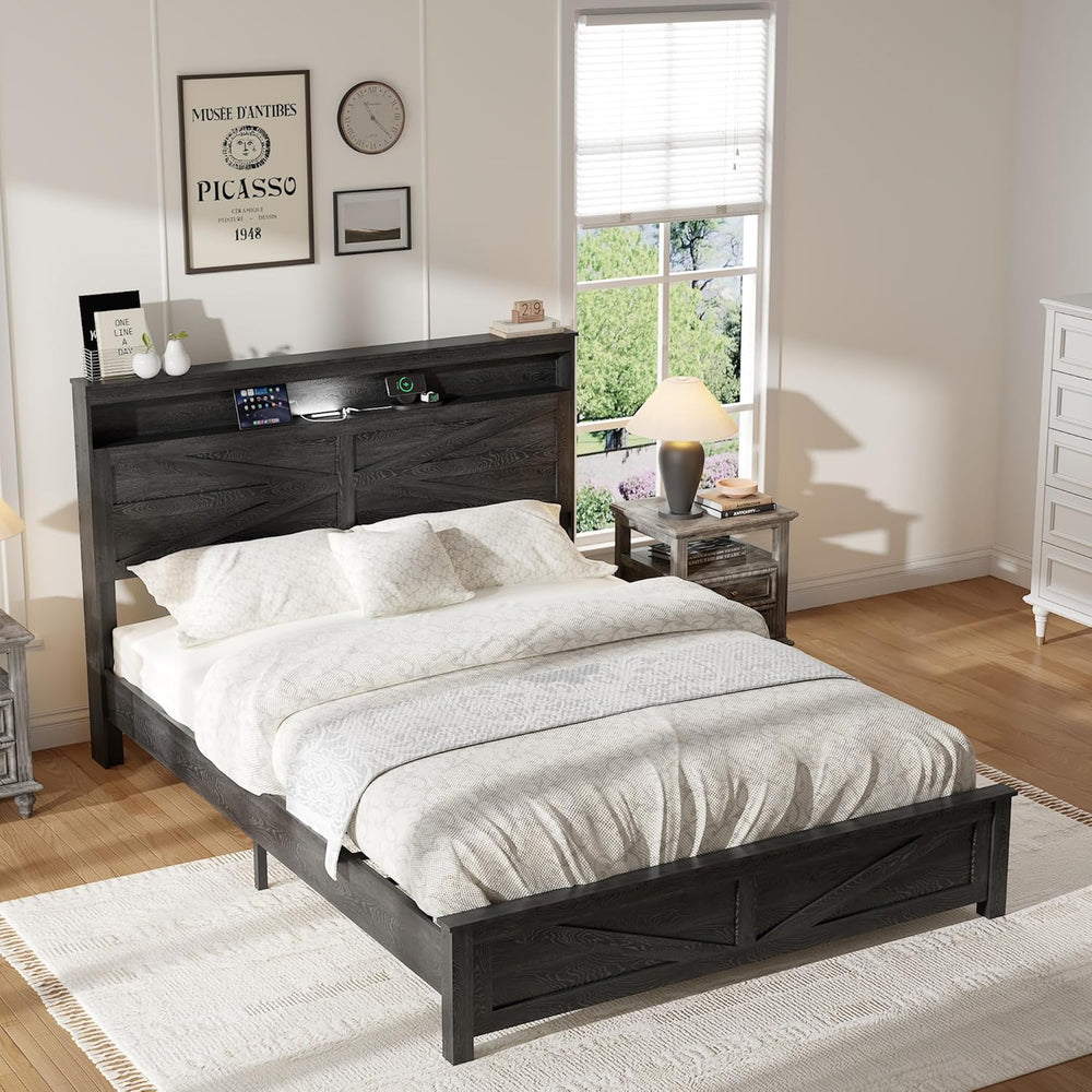 Queen Size Farmhouse Wooden Bed Frame with Storage Headboard