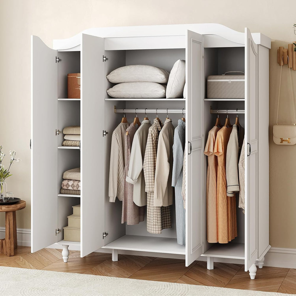 71" H Arched Armoire Wardrobe Closet with 4 Doors, Wooden, White | Large...