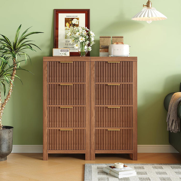 Mid-Century Modern Tall Wooden Dresser with 4 Spacious Drawers, Entryway Storage Chest with Smooth Metal Handles, Bedroom Clothes Organizer for Entryway, Office, and Small Spaces, Walnut