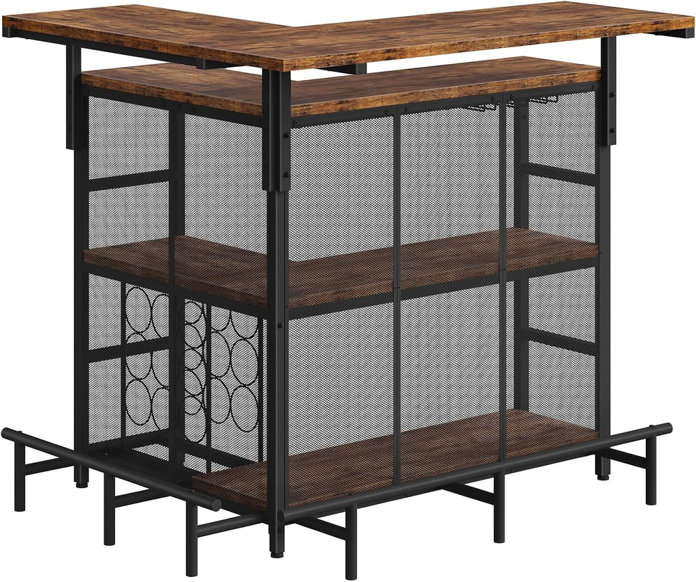 HOOBRO Home Bar Unit, L-Shaped Bar Table with Glasses Holder & 4-Tier She...