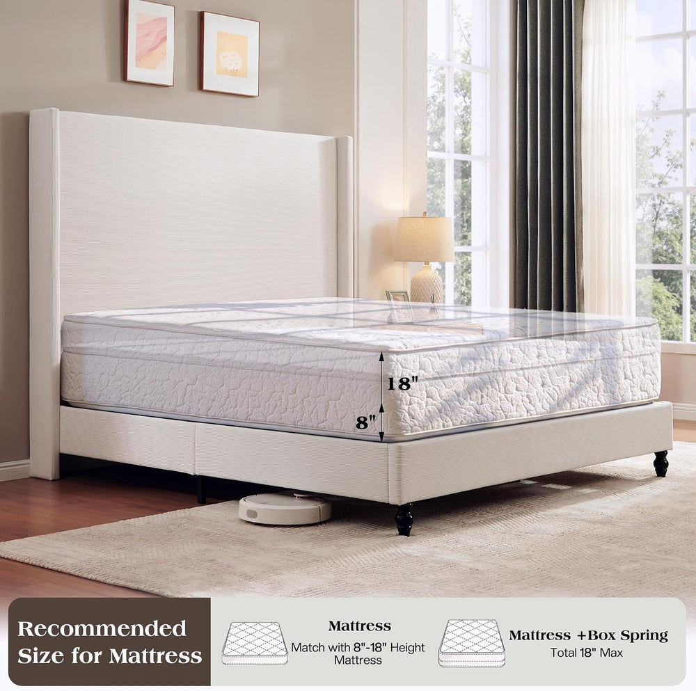 LUXOAK King Upholstered Bed Frame with 65" Headboard & Wingback, Cream