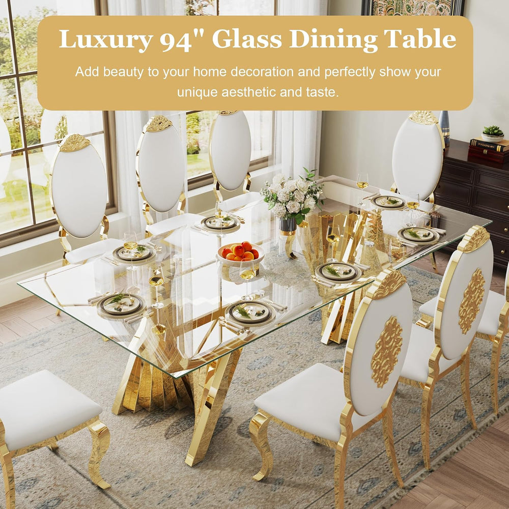 Luxury 94" Glass Dining Table for 8-10 People, Modern Rectangle Tempered...