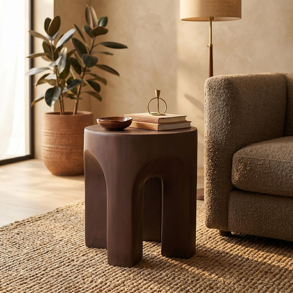 LeisureMod Round Side Table in Fiberstone with Arched Base Design Compact Wea...