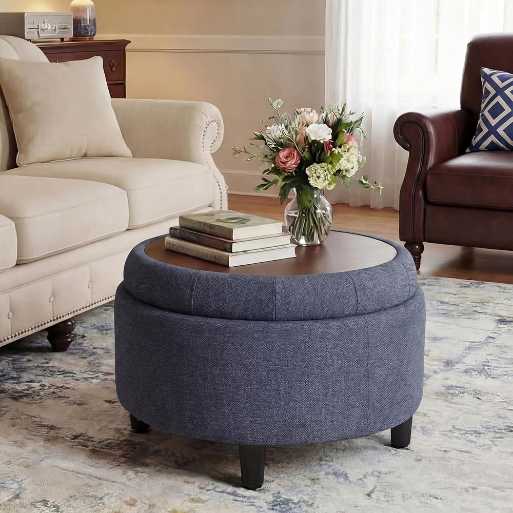 COLAMY Fabric Round Storage Ottoman with Reversible Tray Lid – Multi-Function...