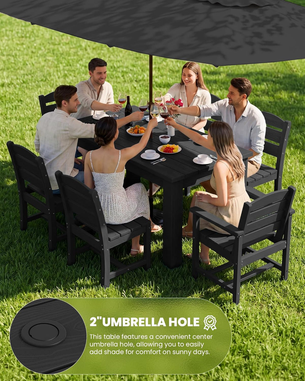 SERWALL HDPE Dining Set for 6: 1 Umbrella Hole Table, 4 Armless + 2 Armchairs...