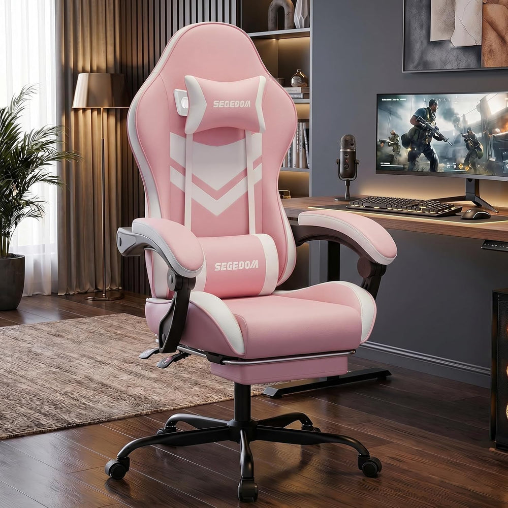 Gaming Chair with Footrest & Massage Lumbar Support, PU Leather Ergonomic...