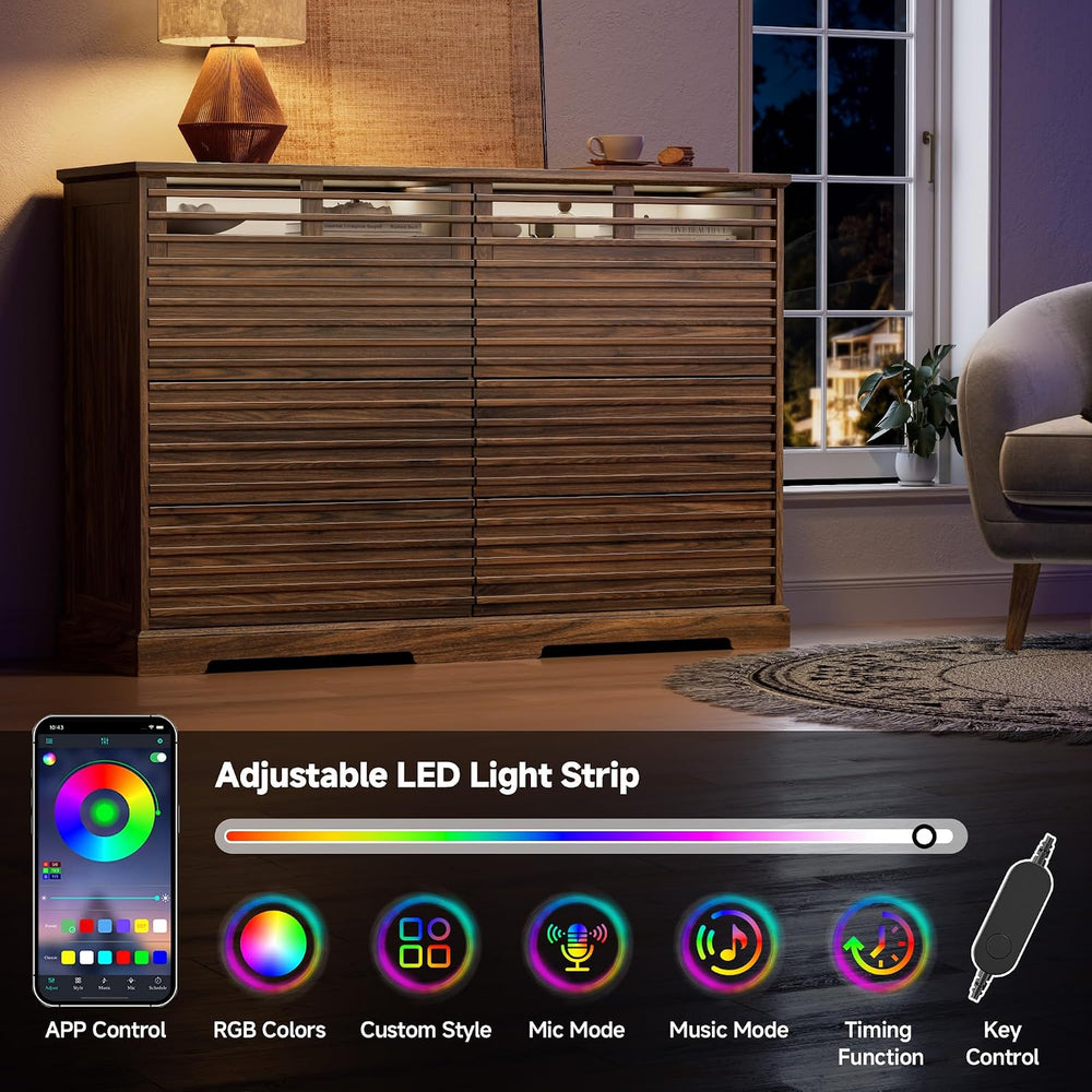 52"W Walnut 8 Drawer Dresser with LED Lights Fluted Dresser for Bedroom