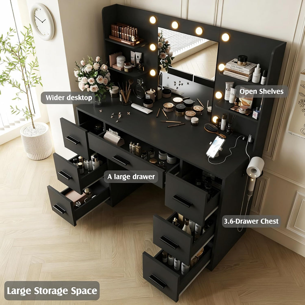 YESHOMY Vanity Desk with Mirror, Outlet, 10 Lights & 7 Drawers,Black | Li...