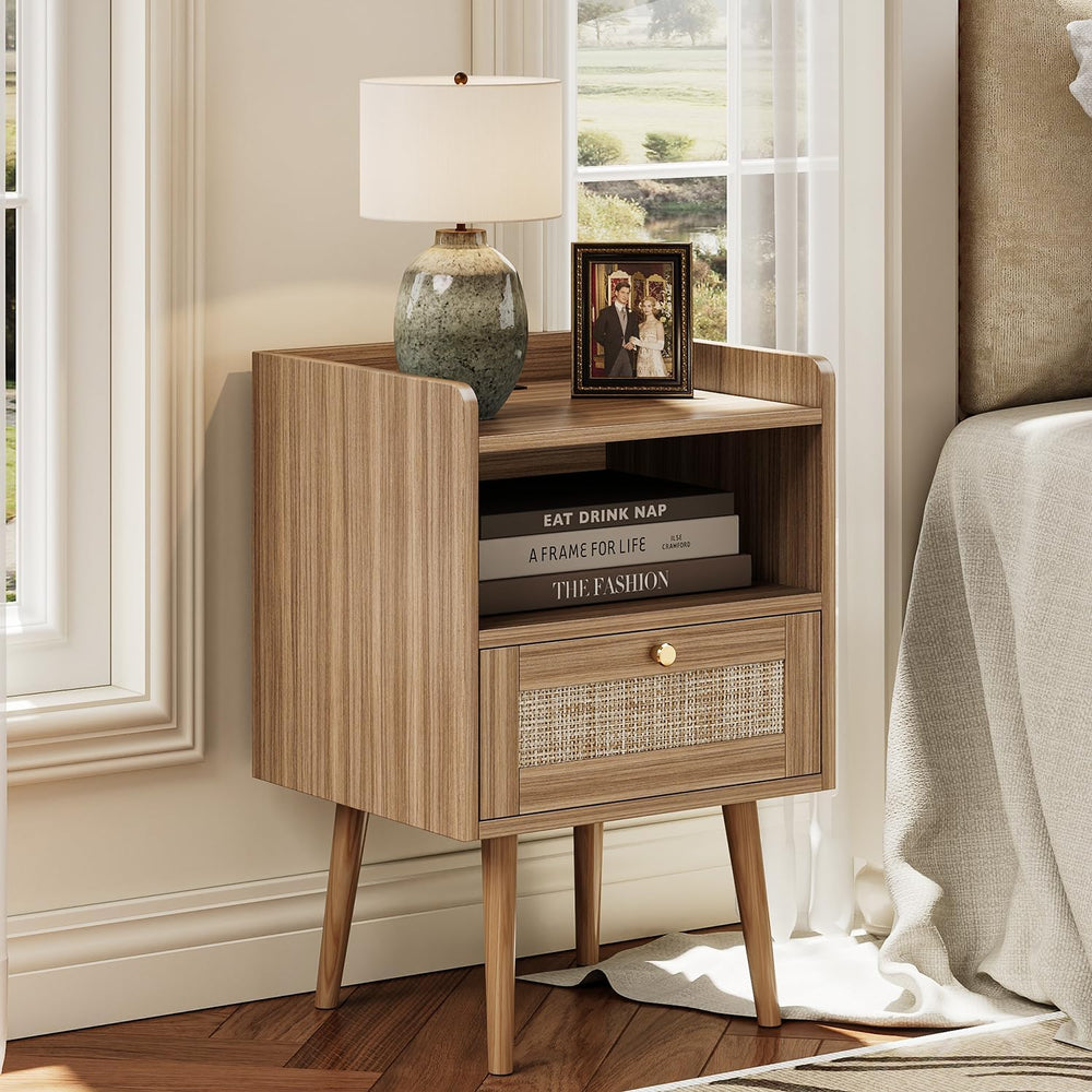 MECHYIN Night Stand Set 2, Nightstands Set of 2 with Charging Station, Rattan...