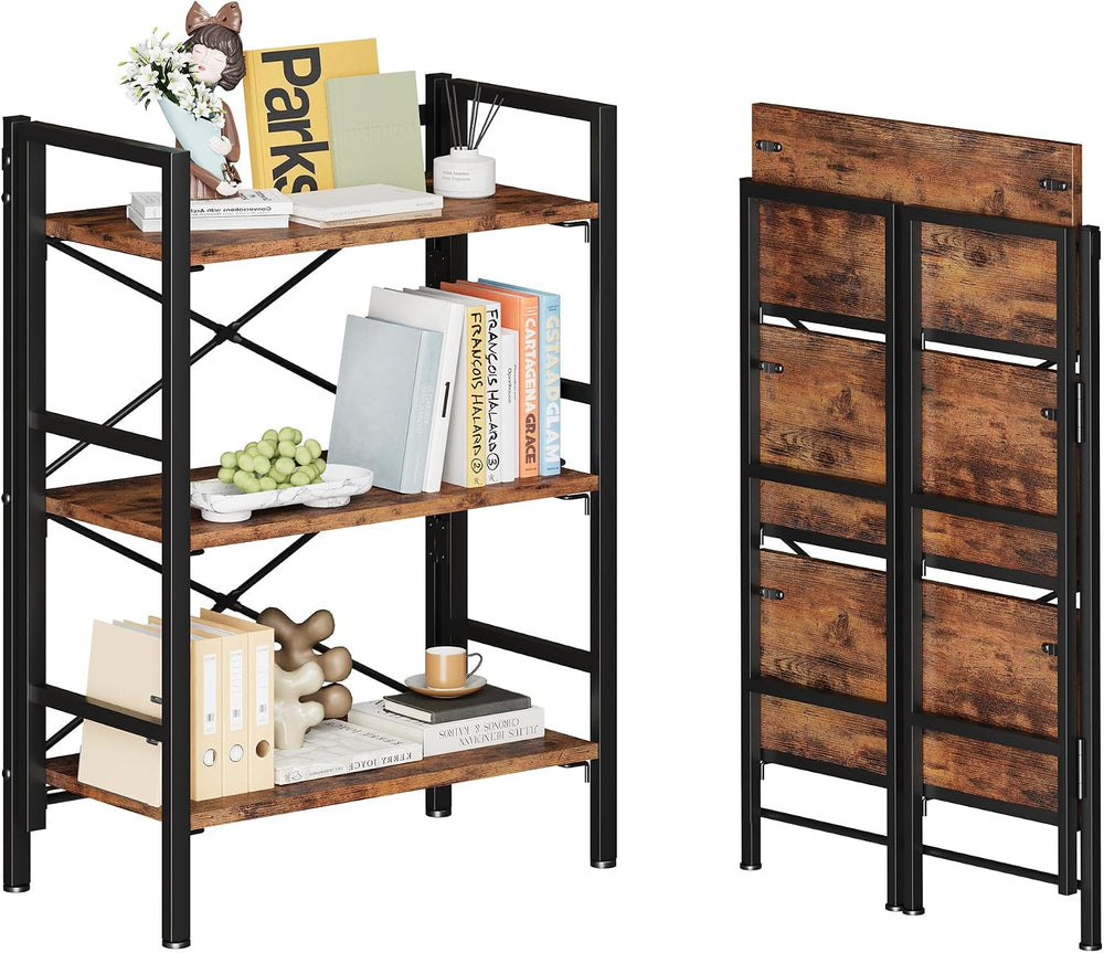 Homeiju Folding Bookshelf No Assembly, 3 Tier Bookcase Foldable Shelf