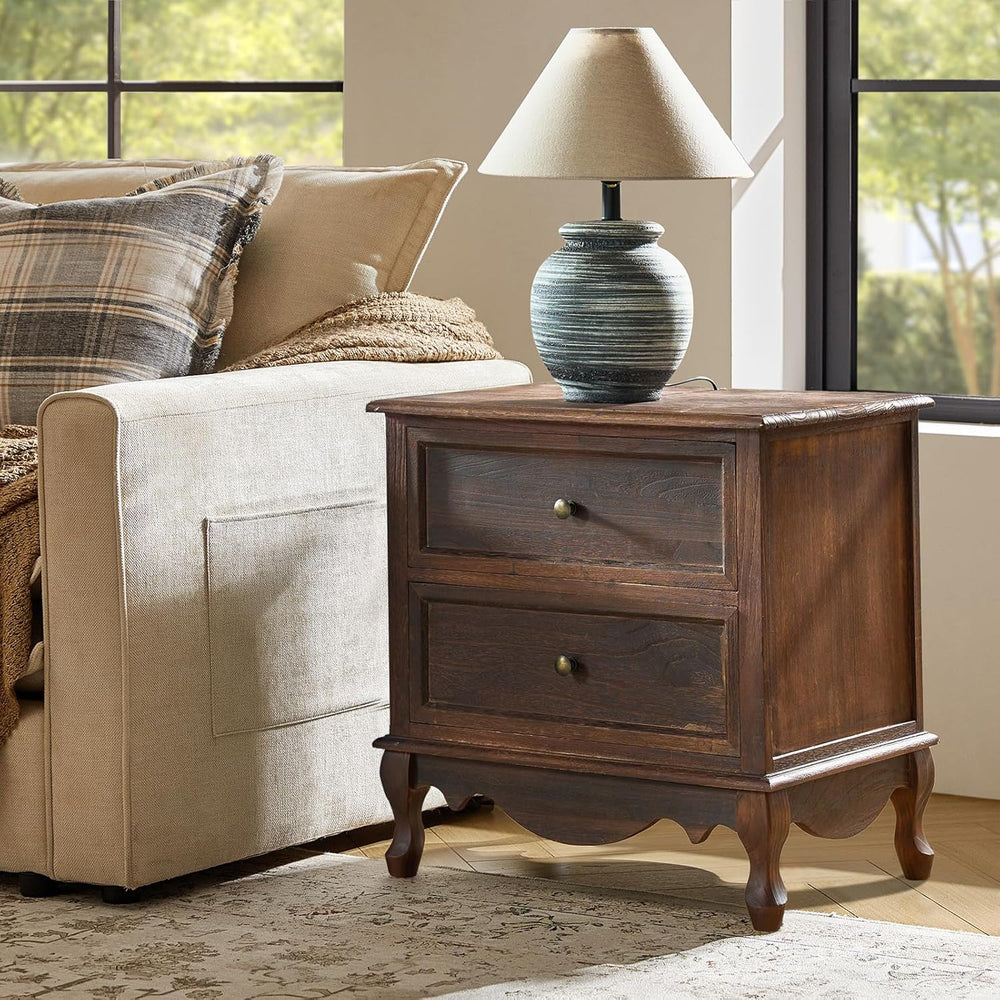 End Table with Charging Station, Wood Side Table with 2 Drawers Organizer, Fa...