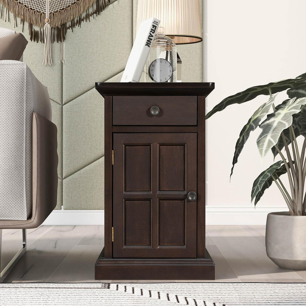 Traditional Narrow End Table with Charging Station, Antique Espresso Wood Sid...