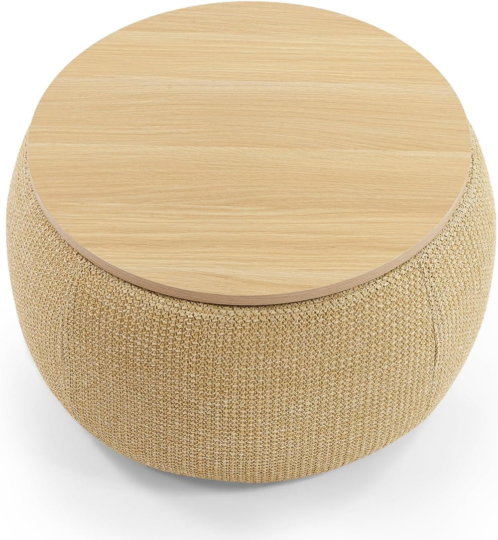 Round Storage Ottoman, 2 in 1 Function, Work as End Table and Ottoman, Natura...