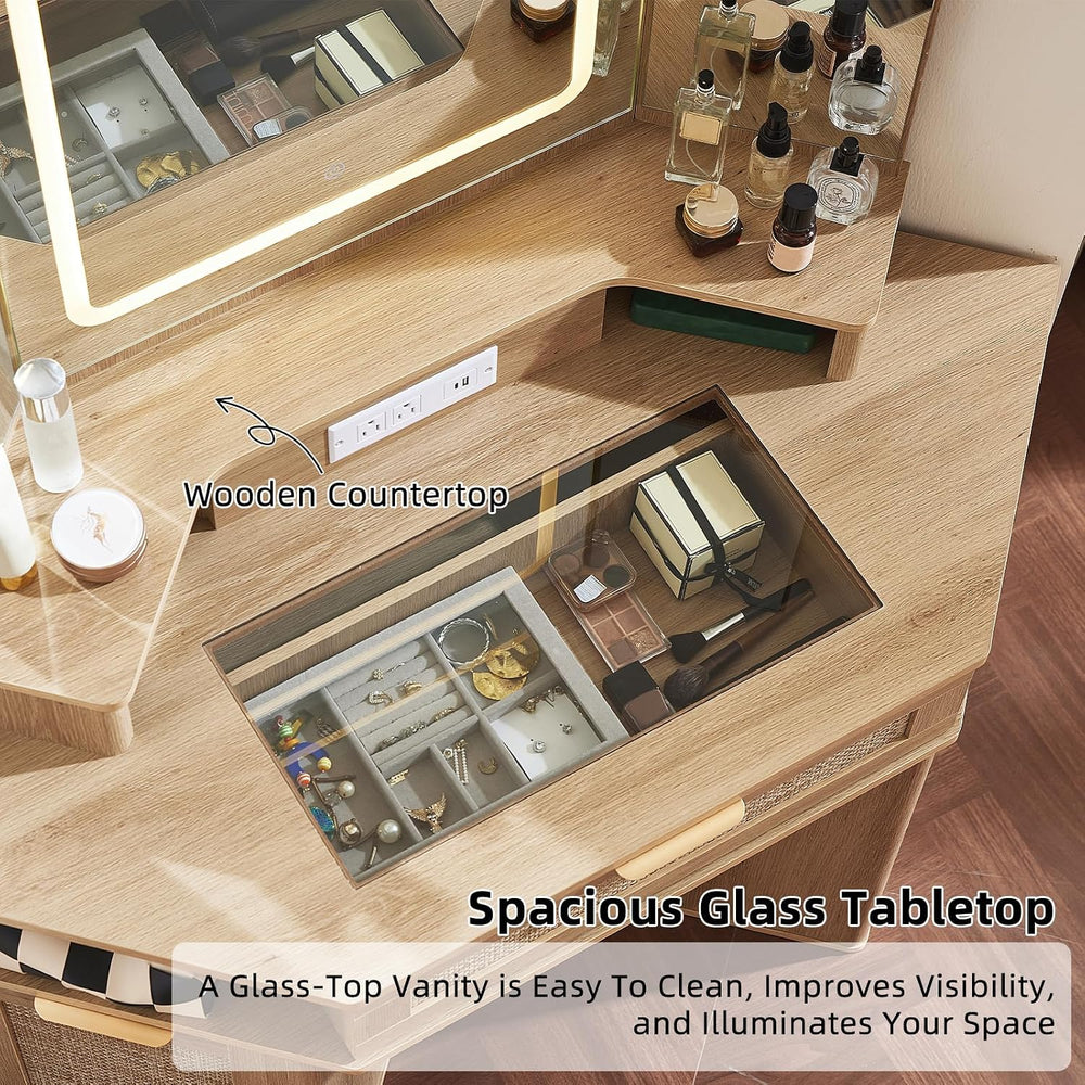 Lerliuo Corner Vanity Desk with 3 Way Mirror and Lights, Stool Sets | 46'...
