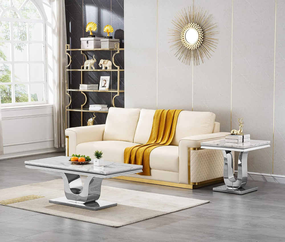 Modern Elegant 2-Piece Living Room Table Set with Faux Marble Top | Includes ...