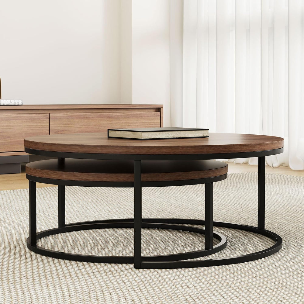 31.5" Round Coffee Table Set of 2, Nesting Cocktail End Tables | Small I...