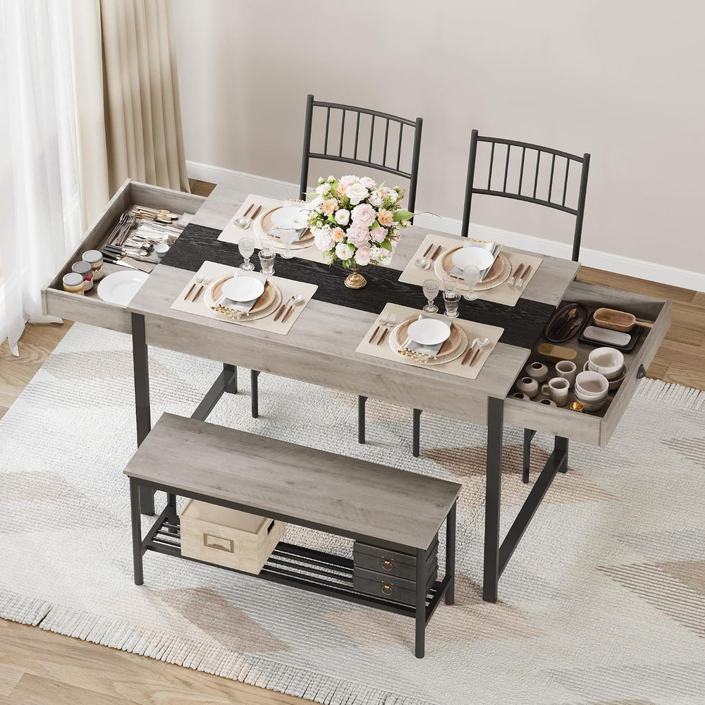 GarveeHome Dining Table Set for 4,Kitchen Table with Bench & 2 Chairs, Grey
