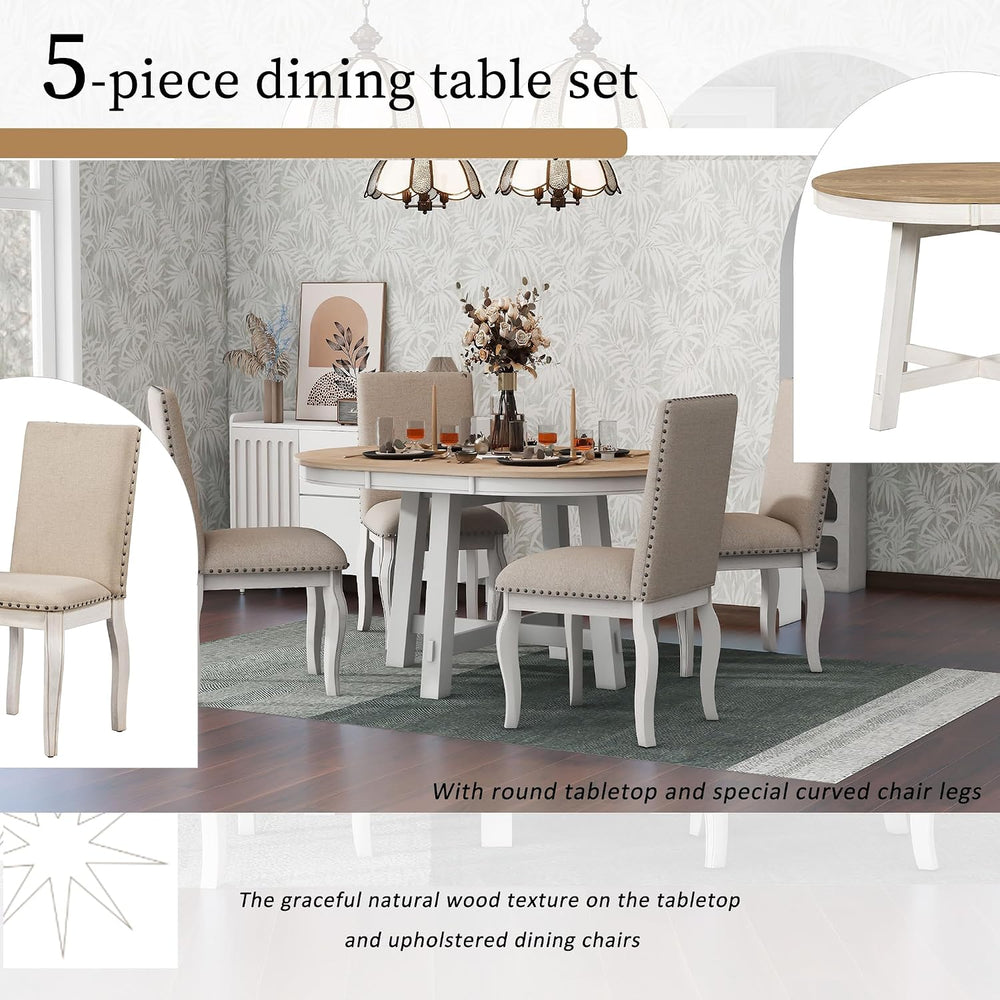 Knocbel Farmhouse 4-Person Extendable Dining Table Set, 5-Piece Dinette Set w...