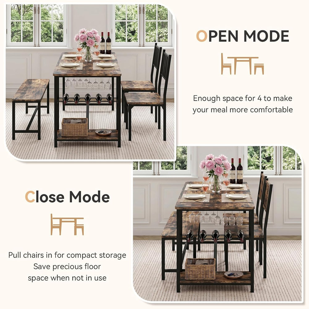 55-Inch Dining Table Set for 4 with Bench, Wine Rack, Rustic Brown | 4-Piece ...