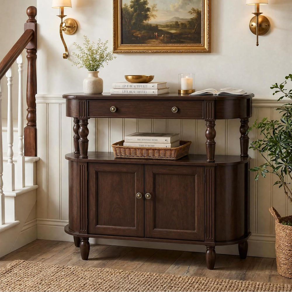 Curved Console Table with Solid Wood Legs, 47" Half Moon Sofa Table with...