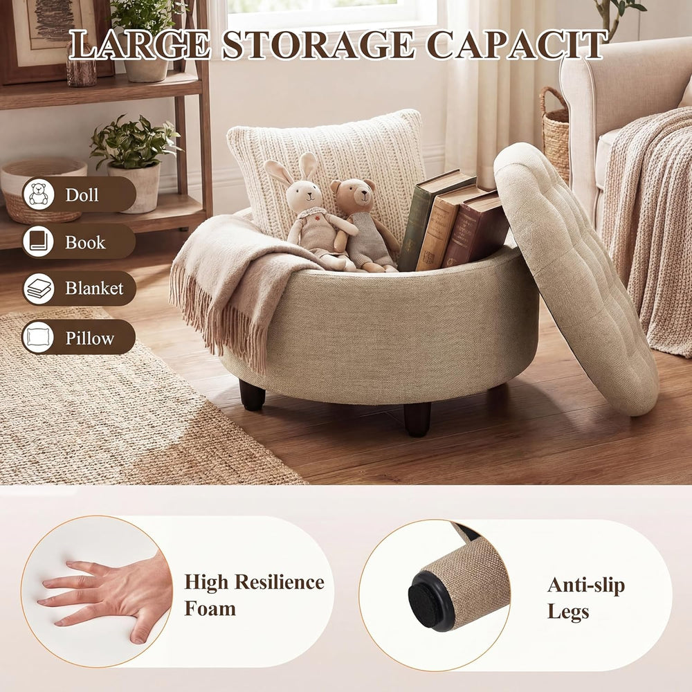 COLAMY Fabric Round Storage Ottoman with Reversible Tray Lid – Multi-Function...