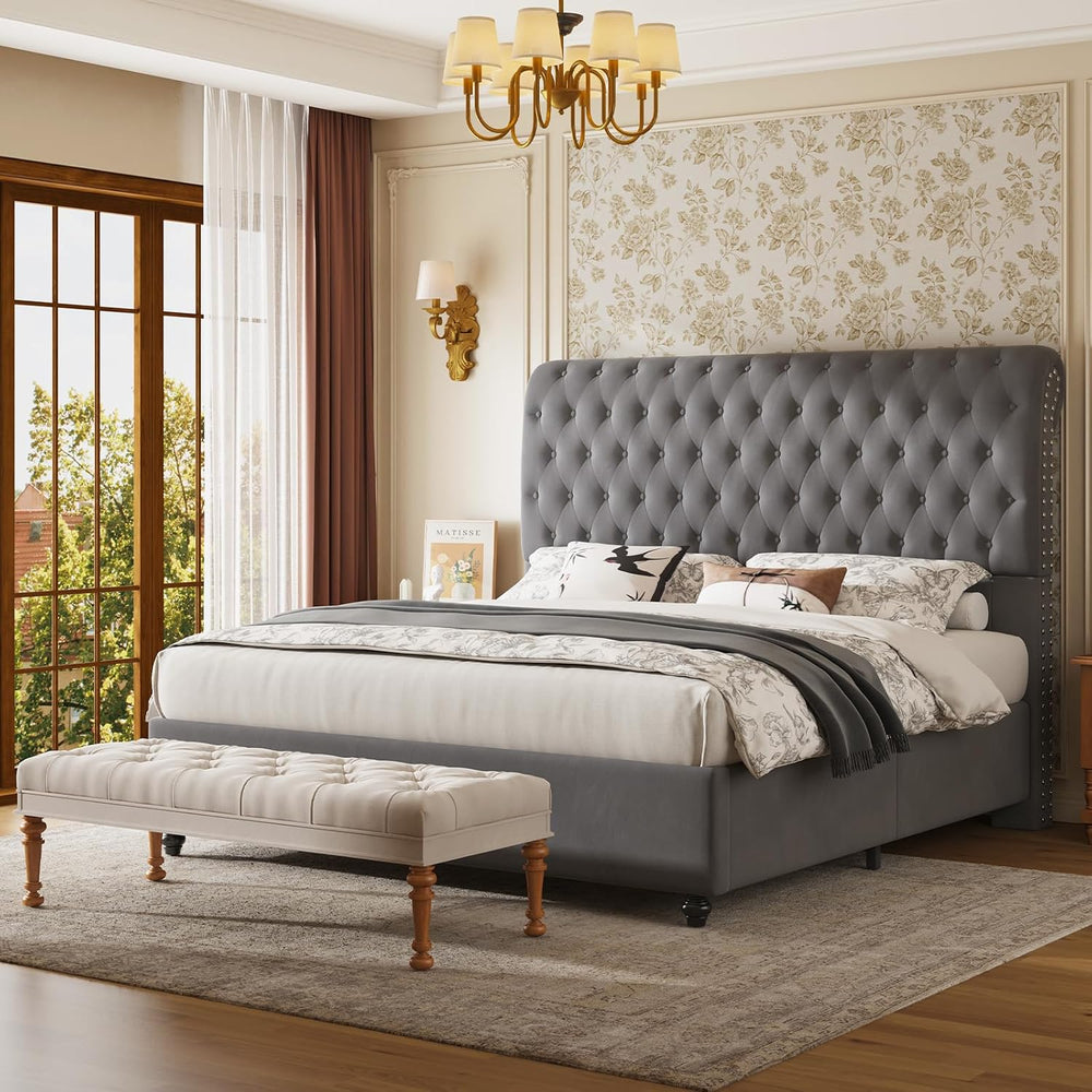 Jocisland Queen Bed Frame 52.8" Sleigh Headboard,Velvet Upholstered, Gray