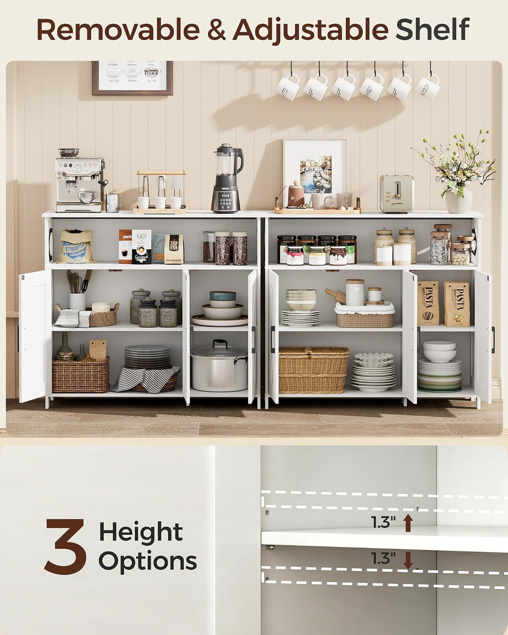 Farmhouse Coffee Bar Cabinet, Kitchen Storage Cabinet, White